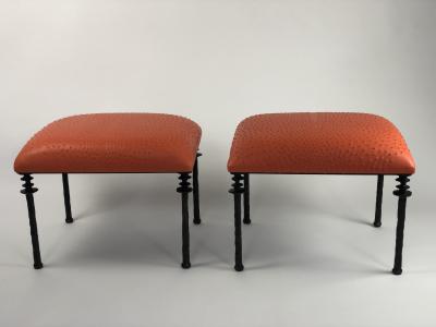  Bourgeois Boheme Atelier Pair of Sorgue Stools Tangerine Ostrich Leather