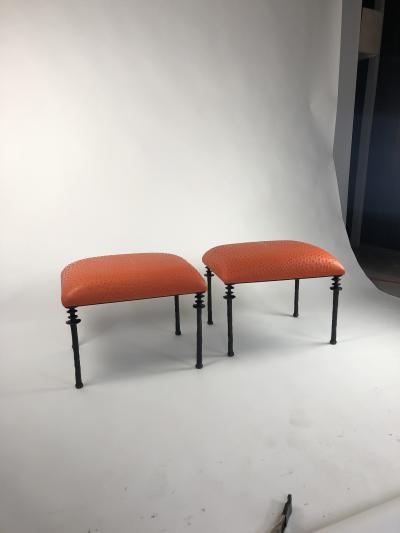  Bourgeois Boheme Atelier Pair of Sorgue Stools Tangerine Ostrich Leather