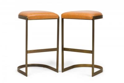 Brenton Set of 4 Brenton Brass Wood Tan Upholstered Horseshoe Cantilever Bar Stools