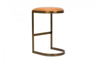  Brenton Set of 4 Brenton Brass Wood Tan Upholstered Horseshoe Cantilever Bar Stools