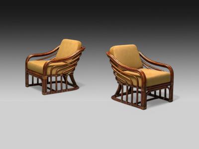  Brown Jordan Furniture Brown Jordan Mid Century Modern Bamboo Camel Fabric Lounge Chairs 1960s