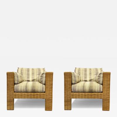  Brown Jordan Furniture Vintage Brown Jordan Woven Wicker Cube Club Chairs Pair with Cushions Marked
