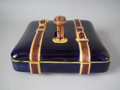  Brown Westhead Moore Co Brown Westhead Moore and Co Majolica Belted Suitcase Box and Cover