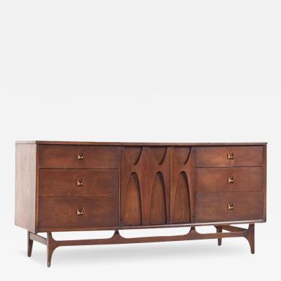  Broyhill Brasilia Broyhill Brasilia Mid Century Walnut and Brass 9 Drawer Lowboy Dresser