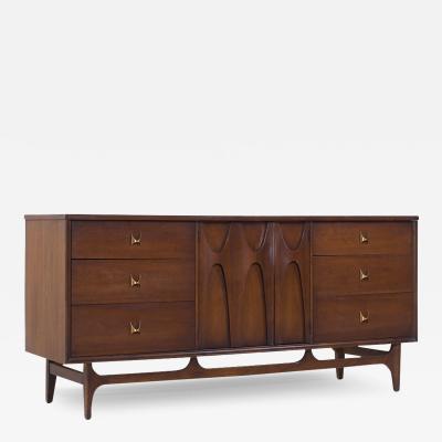  Broyhill Brasilia Broyhill Brasilia Mid Century Walnut and Brass 9 Drawer Lowboy Dresser