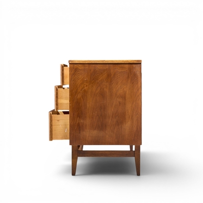  Broyhill Brasilia Broyhill Brasilia Mid Century Walnut and Brass 9 Drawer Lowboy Dresser