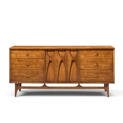  Broyhill Brasilia Broyhill Brasilia Mid Century Walnut and Brass 9 Drawer Lowboy Dresser