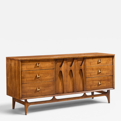  Broyhill Brasilia Broyhill Brasilia Mid Century Walnut and Brass 9 Drawer Lowboy Dresser