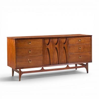  Broyhill Brasilia Broyhill Brasilia Mid Century Walnut and Brass Lowboy 9 Drawer Dresser