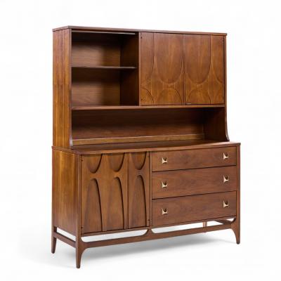  Broyhill Brasilia Broyhill Brasilia Mid Century Walnut and Brass Offset Credenza and Hutch