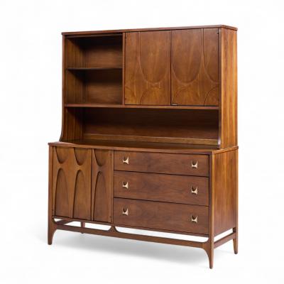  Broyhill Brasilia Broyhill Brasilia Mid Century Walnut and Brass Offset Credenza and Hutch