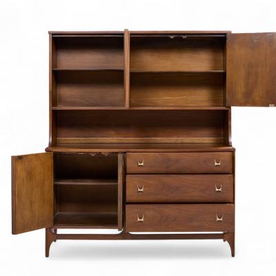  Broyhill Brasilia Broyhill Brasilia Mid Century Walnut and Brass Offset Credenza and Hutch