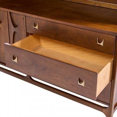  Broyhill Brasilia Broyhill Brasilia Mid Century Walnut and Brass Offset Credenza and Hutch