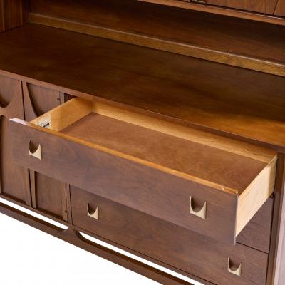  Broyhill Brasilia Broyhill Brasilia Mid Century Walnut and Brass Offset Credenza and Hutch