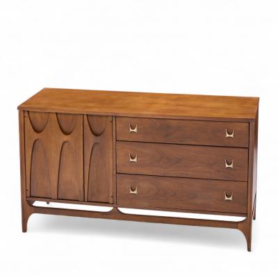  Broyhill Brasilia Broyhill Brasilia Mid Century Walnut and Brass Offset Credenza and Hutch