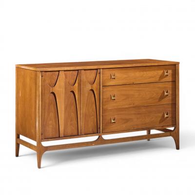  Broyhill Brasilia Broyhill Brasilia Mid Century Walnut and Brass Offset Credenza and Hutch