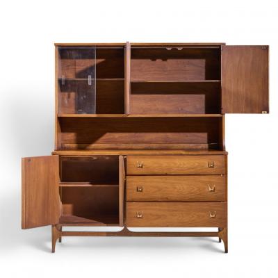  Broyhill Brasilia Broyhill Brasilia Mid Century Walnut and Brass Offset Credenza and Hutch