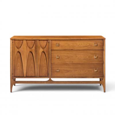  Broyhill Brasilia Broyhill Brasilia Mid Century Walnut and Brass Offset Credenza and Hutch