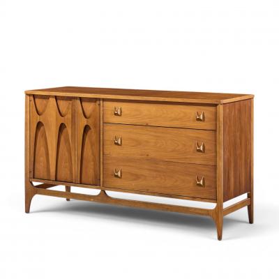  Broyhill Brasilia Broyhill Brasilia Mid Century Walnut and Brass Offset Credenza and Hutch