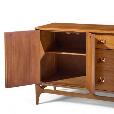  Broyhill Brasilia Broyhill Brasilia Mid Century Walnut and Brass Offset Credenza and Hutch