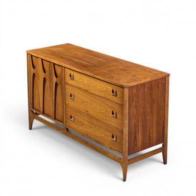  Broyhill Brasilia Broyhill Brasilia Mid Century Walnut and Brass Offset Credenza and Hutch