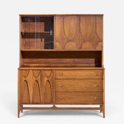  Broyhill Brasilia Broyhill Brasilia Mid Century Walnut and Brass Offset Credenza and Hutch