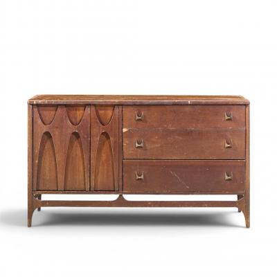  Broyhill Brasilia Broyhill Brasilia Mid Century Walnut and Brass Offset Credenza and Hutch