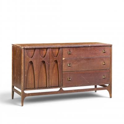  Broyhill Brasilia Broyhill Brasilia Mid Century Walnut and Brass Offset Credenza and Hutch