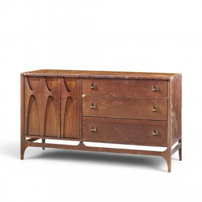  Broyhill Brasilia Broyhill Brasilia Mid Century Walnut and Brass Offset Credenza and Hutch