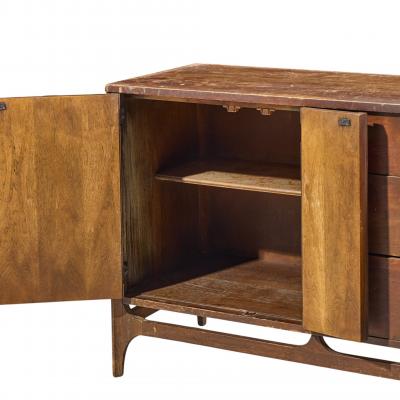  Broyhill Brasilia Broyhill Brasilia Mid Century Walnut and Brass Offset Credenza and Hutch