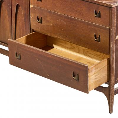  Broyhill Brasilia Broyhill Brasilia Mid Century Walnut and Brass Offset Credenza and Hutch