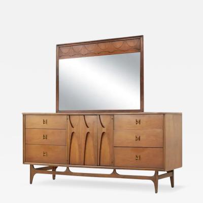  Broyhill Brasilia Lightly Restored Broyhill Brasilia Walnut Brass 9 Drawer Long Dresser Mirror