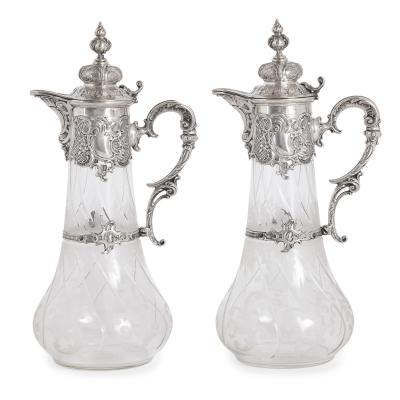  Bruckmann Sohne Pair of etched glass and silver pitchers by Bruckmann Sohne