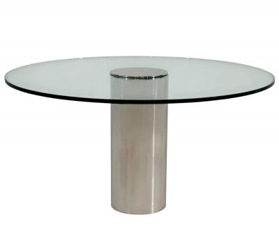  Brueton Brueton Chrome and Glass Cylindrical Pedestal Dining Table 1980