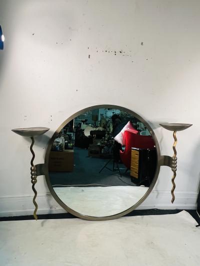  Brueton MASSIVE POST MODERN STEEL AND BRASS MIRROR WITH SCONCES BY BRUETON