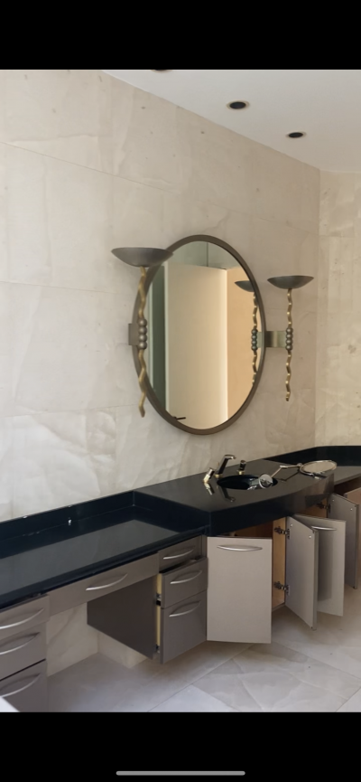  Brueton MASSIVE POST MODERN STEEL AND BRASS MIRROR WITH SCONCES BY BRUETON