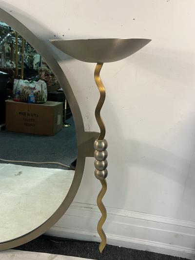  Brueton MASSIVE POST MODERN STEEL AND BRASS MIRROR WITH SCONCES BY BRUETON