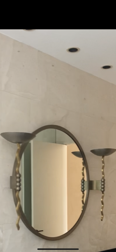  Brueton MASSIVE POST MODERN STEEL AND BRASS MIRROR WITH SCONCES BY BRUETON