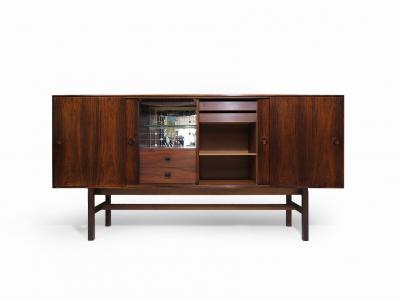  Bruno Hansen 1950s Scandinavian Brazilian Rosewood Sideboard with Center Bar