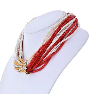  Buccellati BUCCELLATI 18K YELLOW GOLD 16 STRING CORAL PEARL DIAMOND CLASP NECKLACE