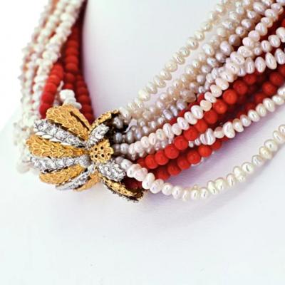  Buccellati BUCCELLATI 18K YELLOW GOLD 16 STRING CORAL PEARL DIAMOND CLASP NECKLACE