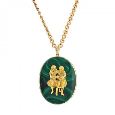  Buccellati BUCCELLATI 18K YELLOW GOLD GEMINI MALACHITE MEDALLION NECKLACE