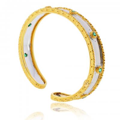  Buccellati Buccellati 18K Two Tone Macri Capri 7 Round Green Emerald Bangle Bracelet