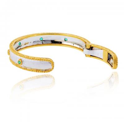  Buccellati Buccellati 18K Two Tone Macri Capri 7 Round Green Emerald Bangle Bracelet