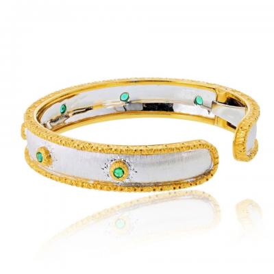  Buccellati Buccellati 18K Two Tone Macri Capri 7 Round Green Emerald Bangle Bracelet