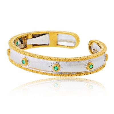  Buccellati Buccellati 18K Two Tone Macri Capri 7 Round Green Emerald Bangle Bracelet
