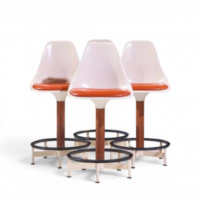  Burke Eero Saarinen Style Burke Mid Century Walnut and Fiberglass Barstools Set of 4