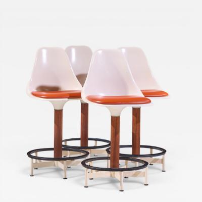  Burke Eero Saarinen Style Burke Mid Century Walnut and Fiberglass Barstools Set of 4