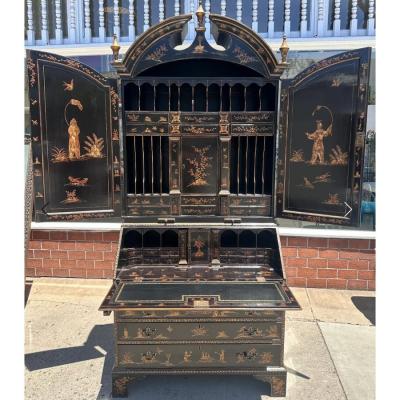 Burton Ching Ltd George II Style Burton Ching Black Gold Chinoiserie Secretary Desk Bookcase