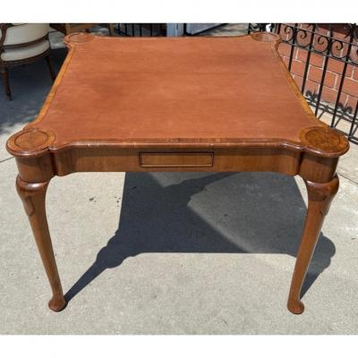  Burton Ching Ltd Queen Anne Style Burton Ching Burl Wood Game Table W Shagreen Leather Top